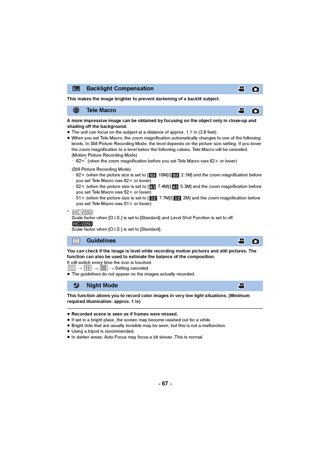 Panasonic HCV550K owner manual Backlight Compensation, Tele Macro, Guidelines, Night Mode 