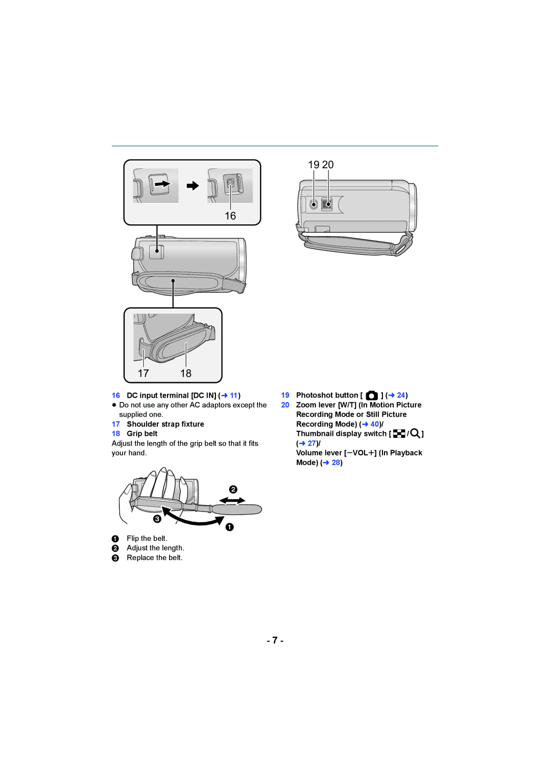 Panasonic HCV550K owner manual DC input terminal DC in l, Shoulder strap fixture Grip belt 