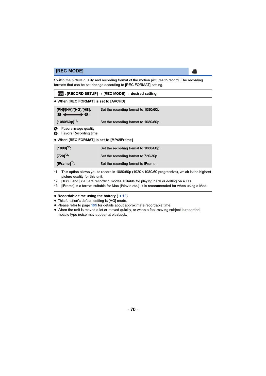 Panasonic HCV550K owner manual REC Mode, ≥ Recordable time using the battery l 