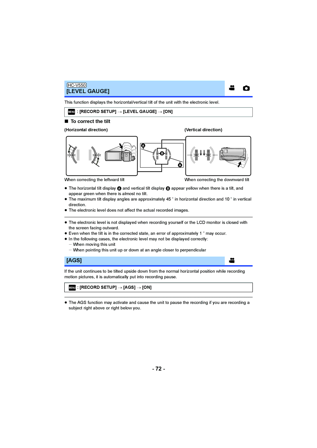 Panasonic HCV550K Ags, To correct the tilt, Menu Record Setup # Level Gauge # on, Menu Record Setup # AGS # on 