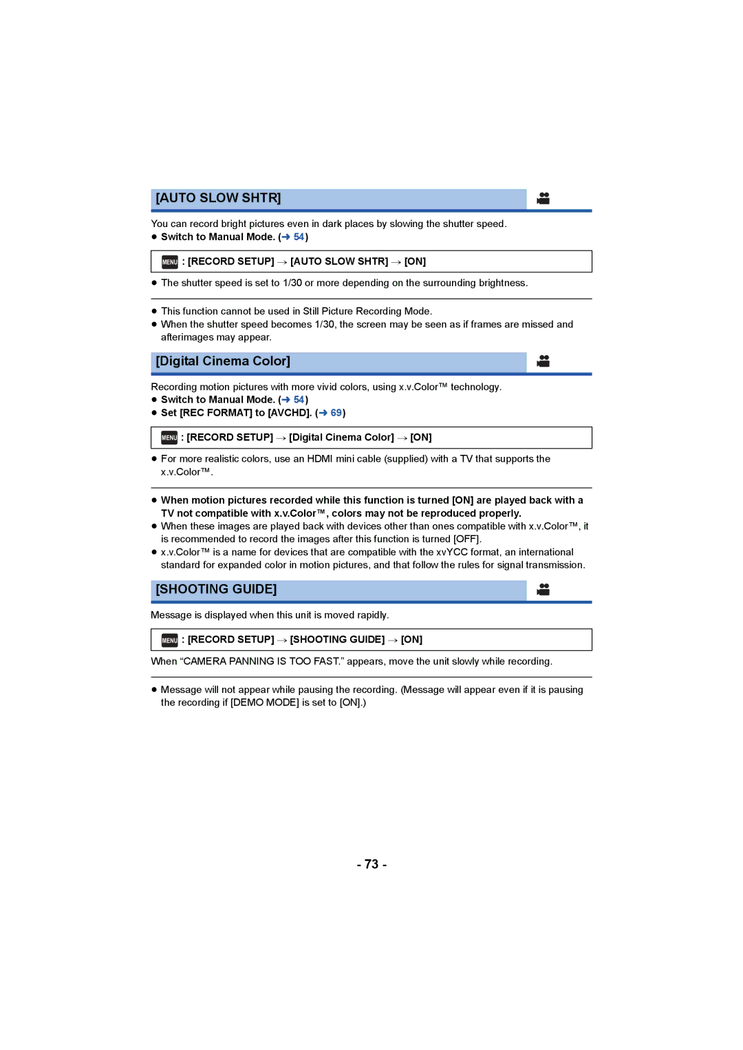 Panasonic HCV550K owner manual Digital Cinema Color, Shooting Guide, Menu Record Setup # Auto Slow Shtr # on 