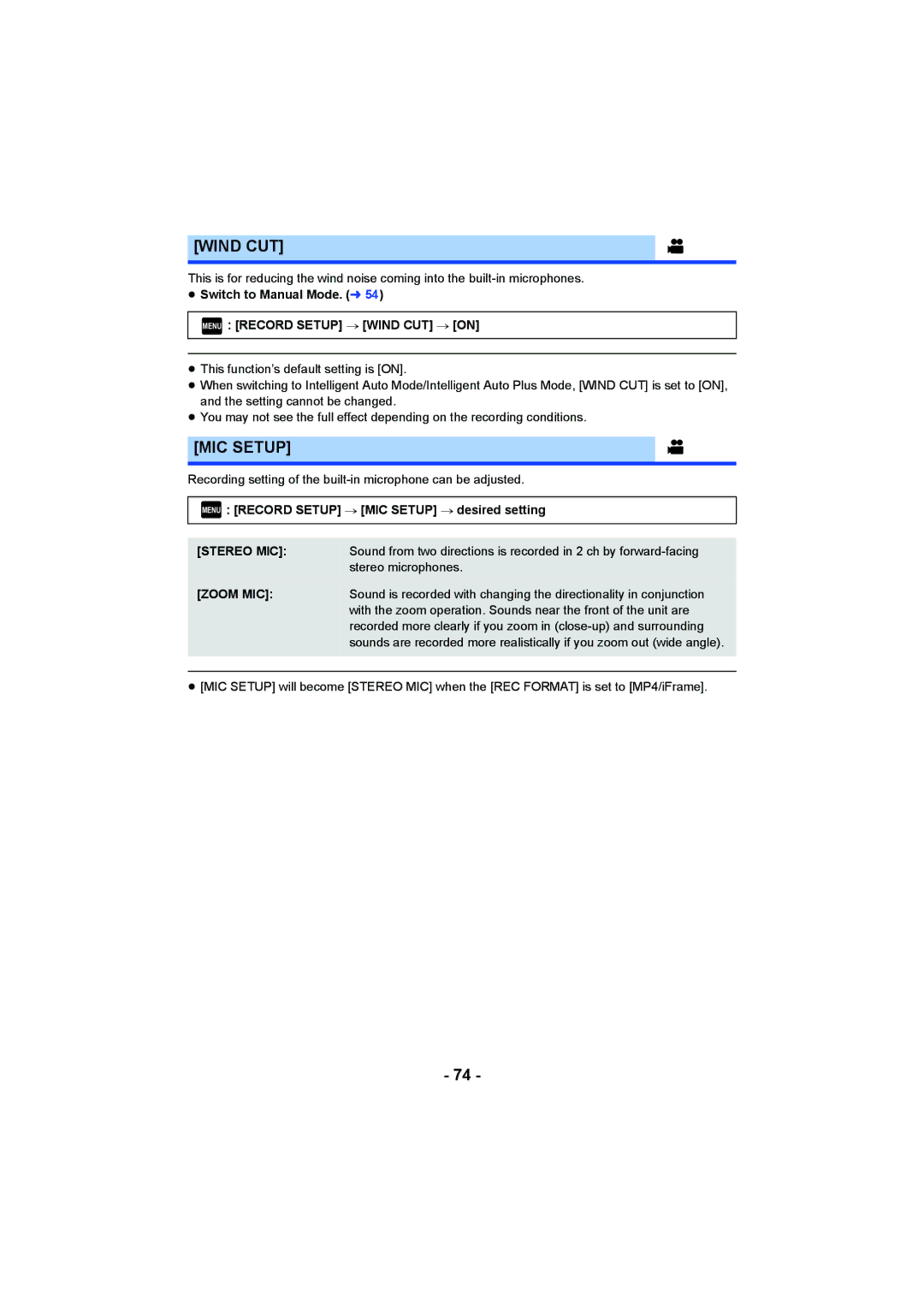 Panasonic HCV550K owner manual Menu Record Setup # Wind CUT # on, Menu Record Setup # MIC Setup # desired setting 