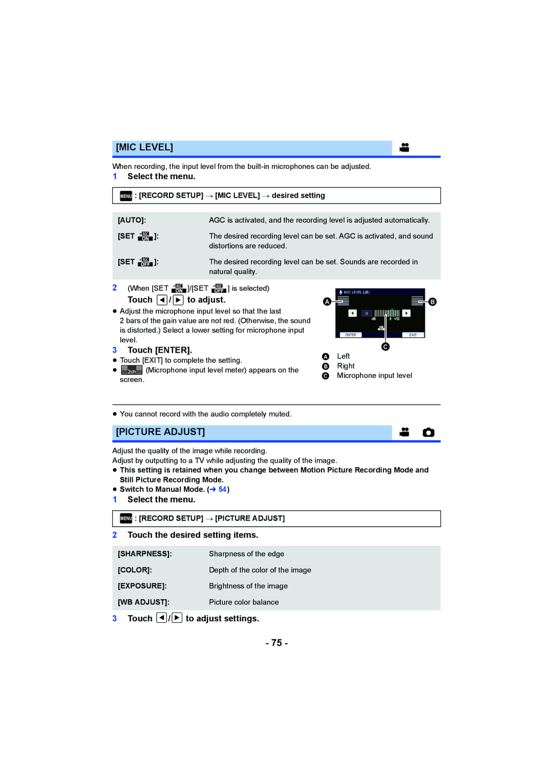 Panasonic HCV550K owner manual MIC Level, Picture Adjust, Touch / to adjust, Touch the desired setting items 