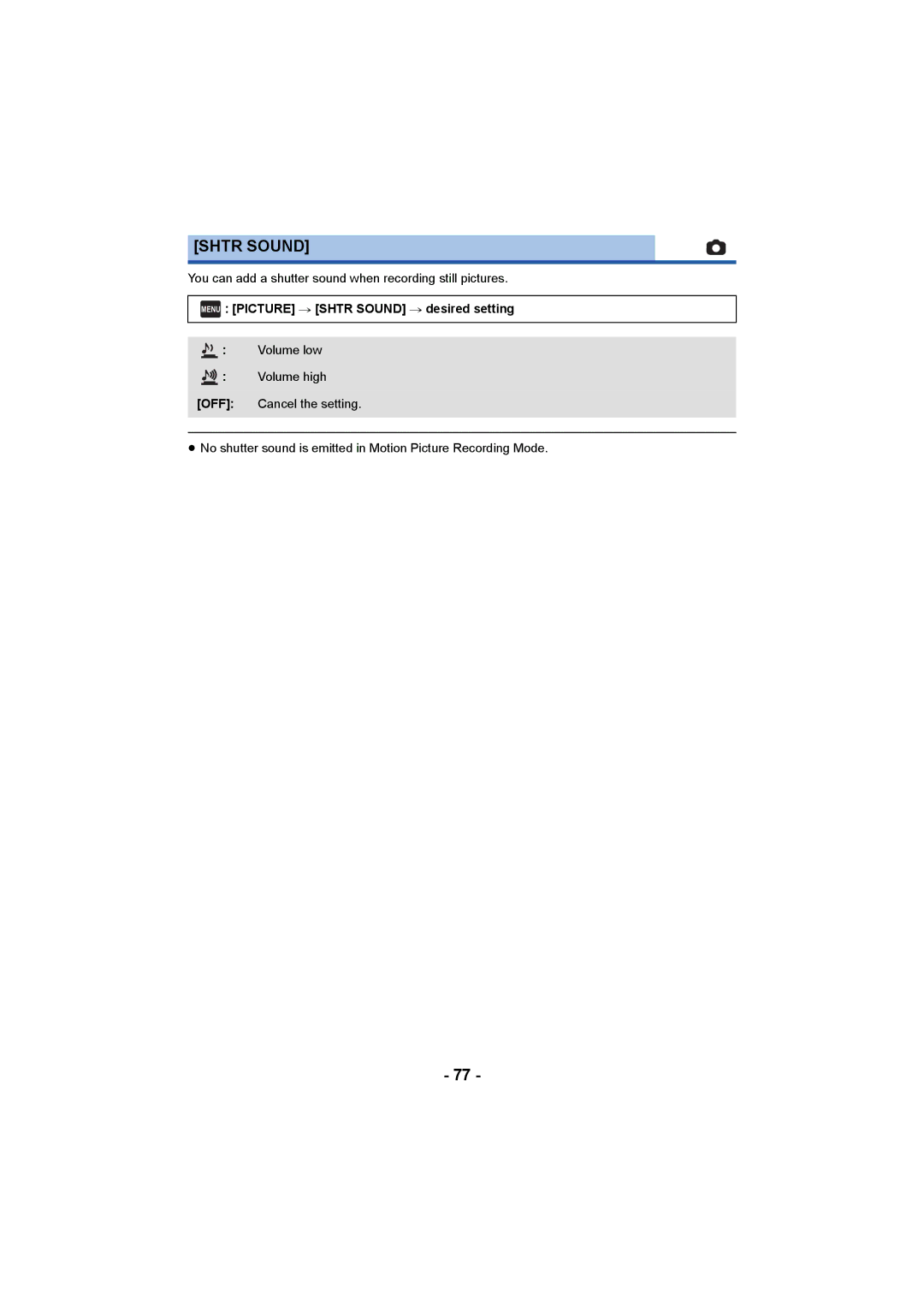 Panasonic HCV550K owner manual Menu Picture # Shtr Sound # desired setting 