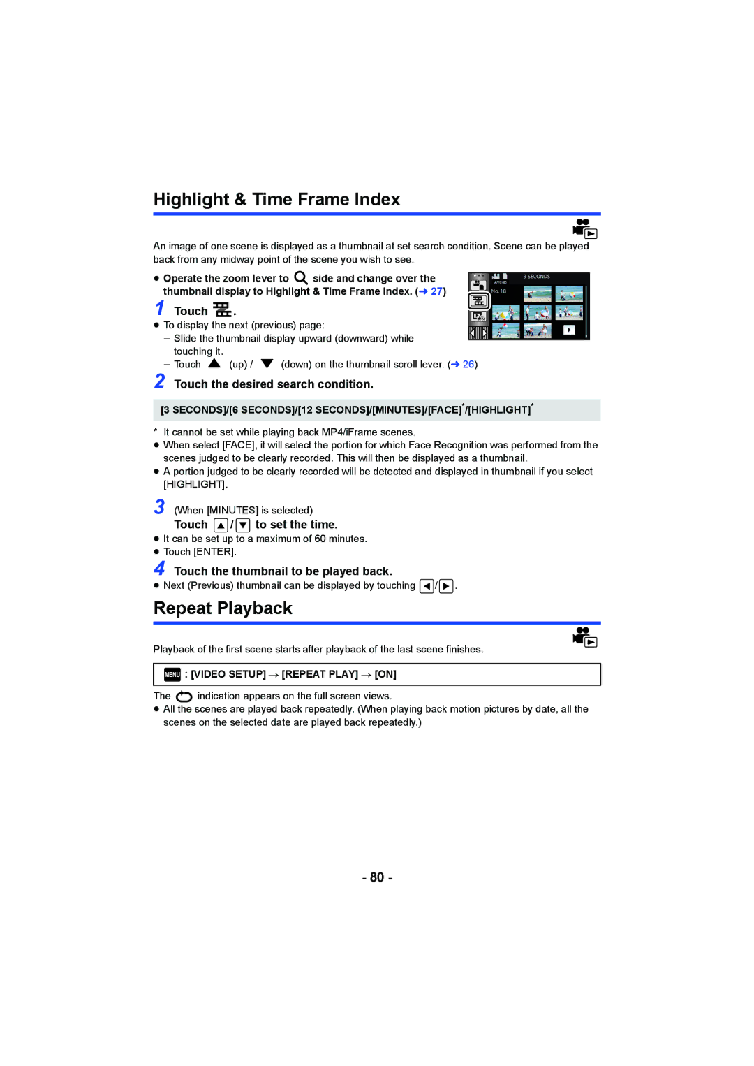 Panasonic HCV550K owner manual Highlight & Time Frame Index, Repeat Playback, Touch the desired search condition 