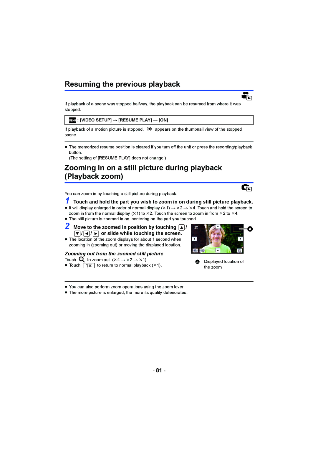 Panasonic HCV550K owner manual Resuming the previous playback, Zooming in on a still picture during playback Playback zoom 