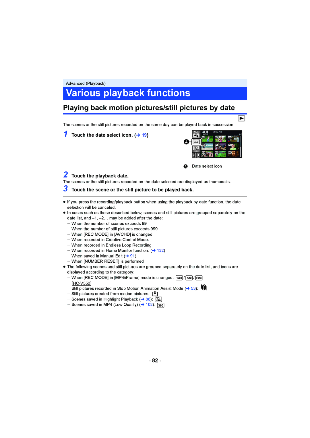 Panasonic HCV550K Various playback functions, Playing back motion pictures/still pictures by date, Touch the playback date 