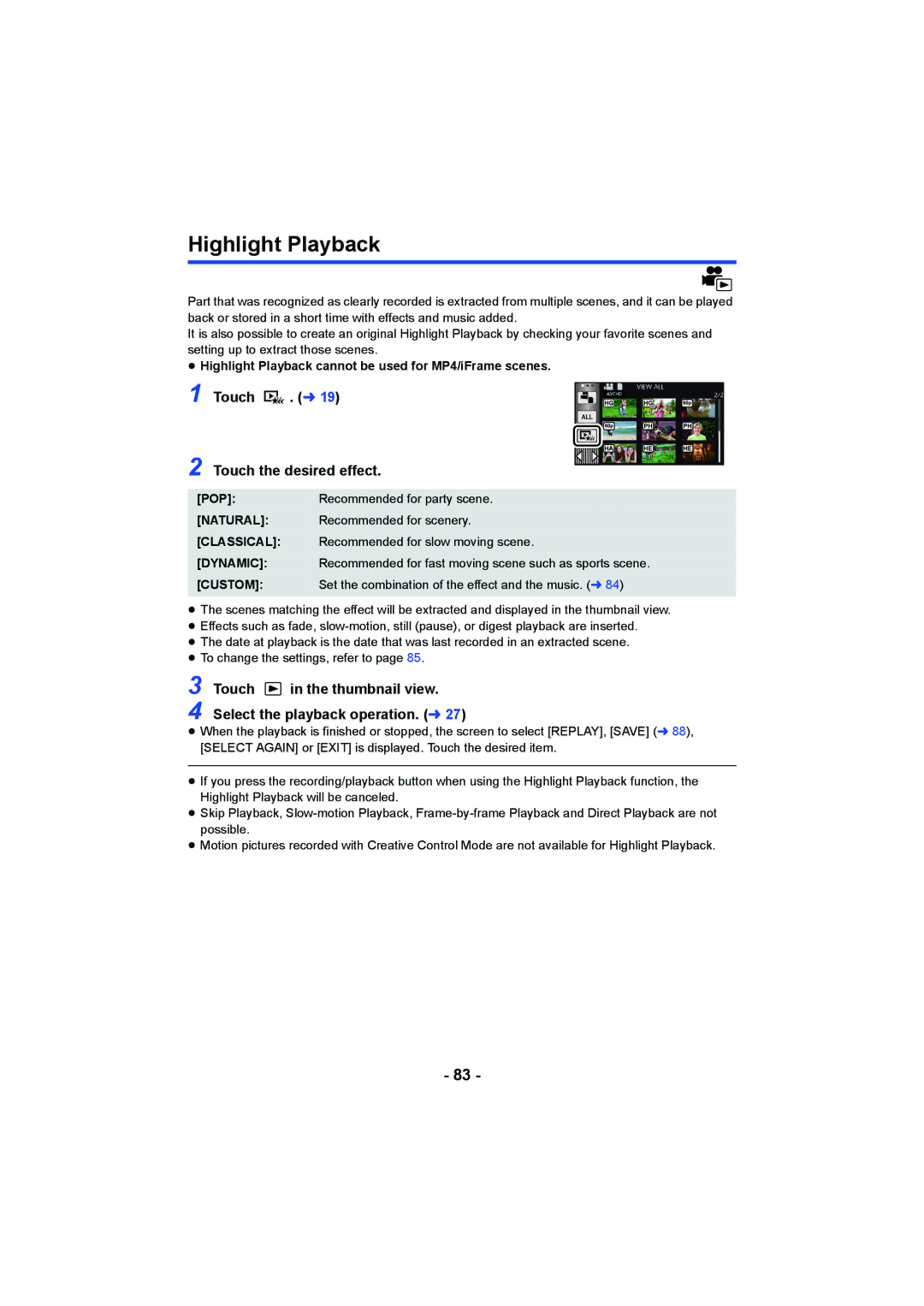 Panasonic HCV550K owner manual Highlight Playback, Touch . l Touch the desired effect 