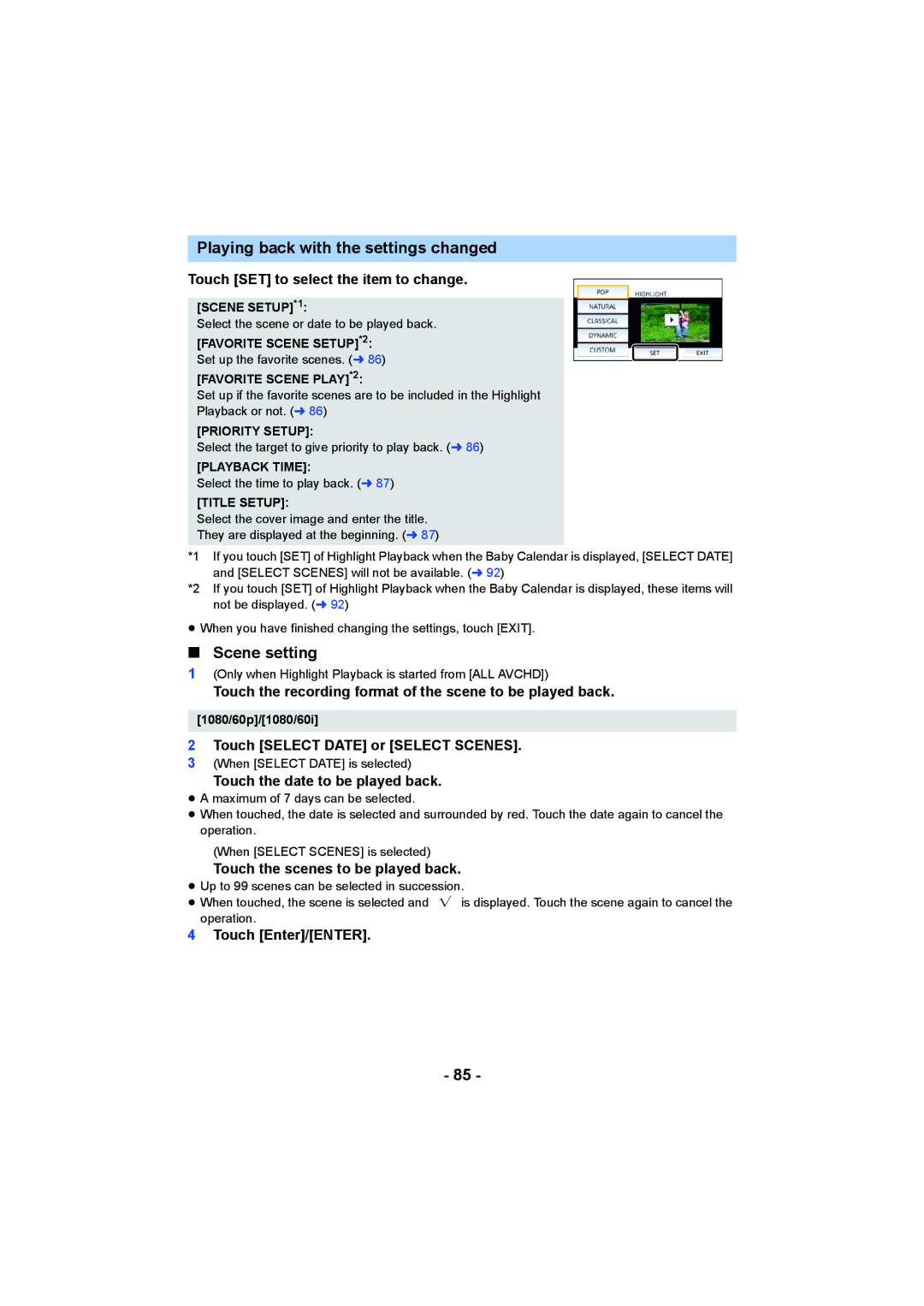 Panasonic HCV550K owner manual Playing back with the settings changed, Scene setting 