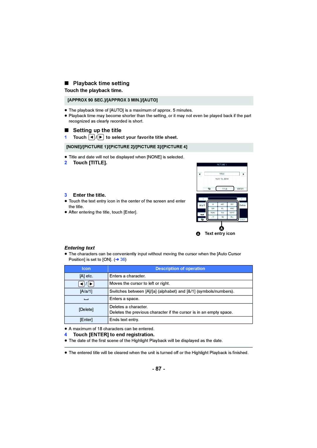 Panasonic HCV550K owner manual Playback time setting, Setting up the title, Entering text 