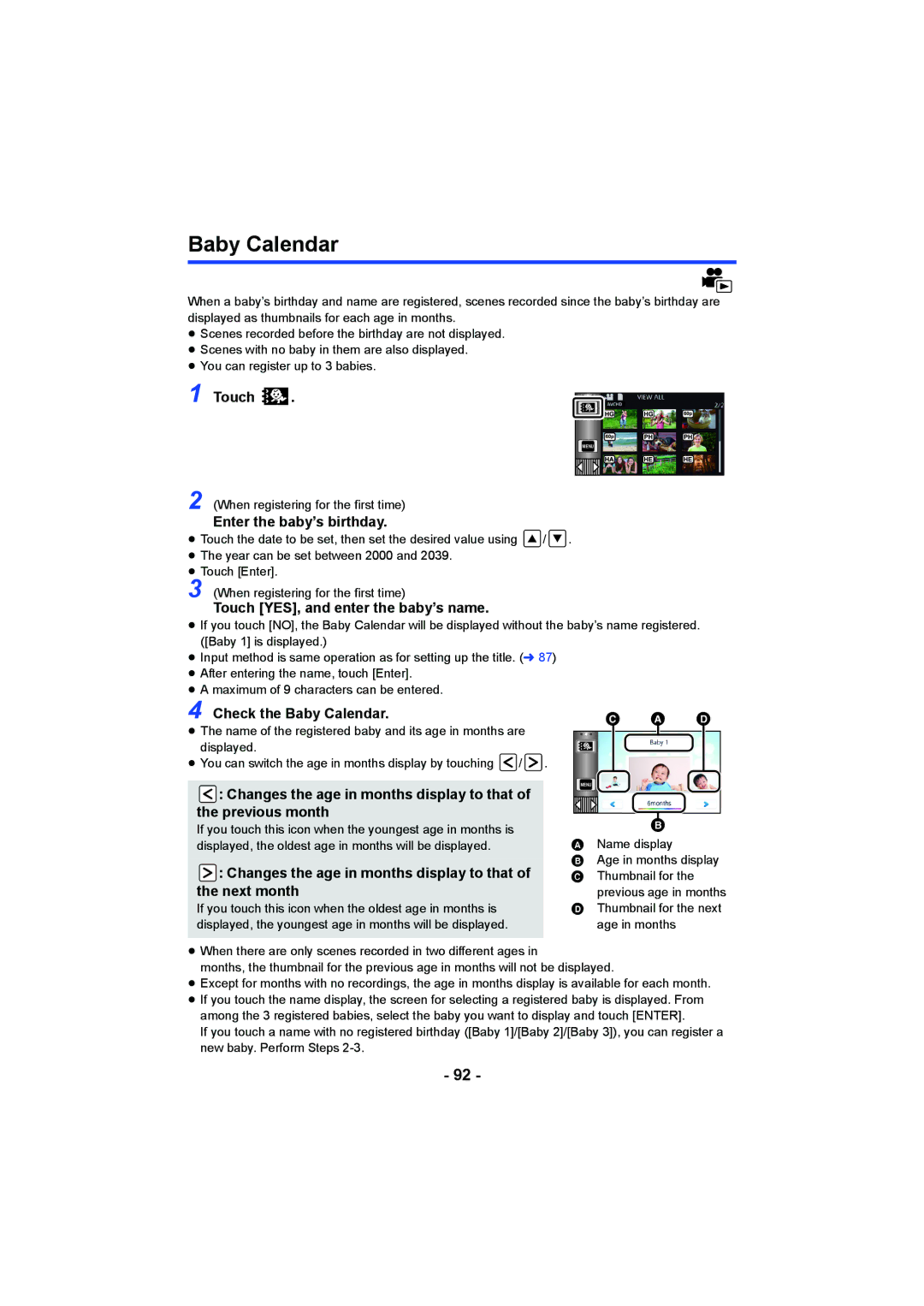 Panasonic HCV550K owner manual Enter the baby’s birthday, Check the Baby Calendar,    