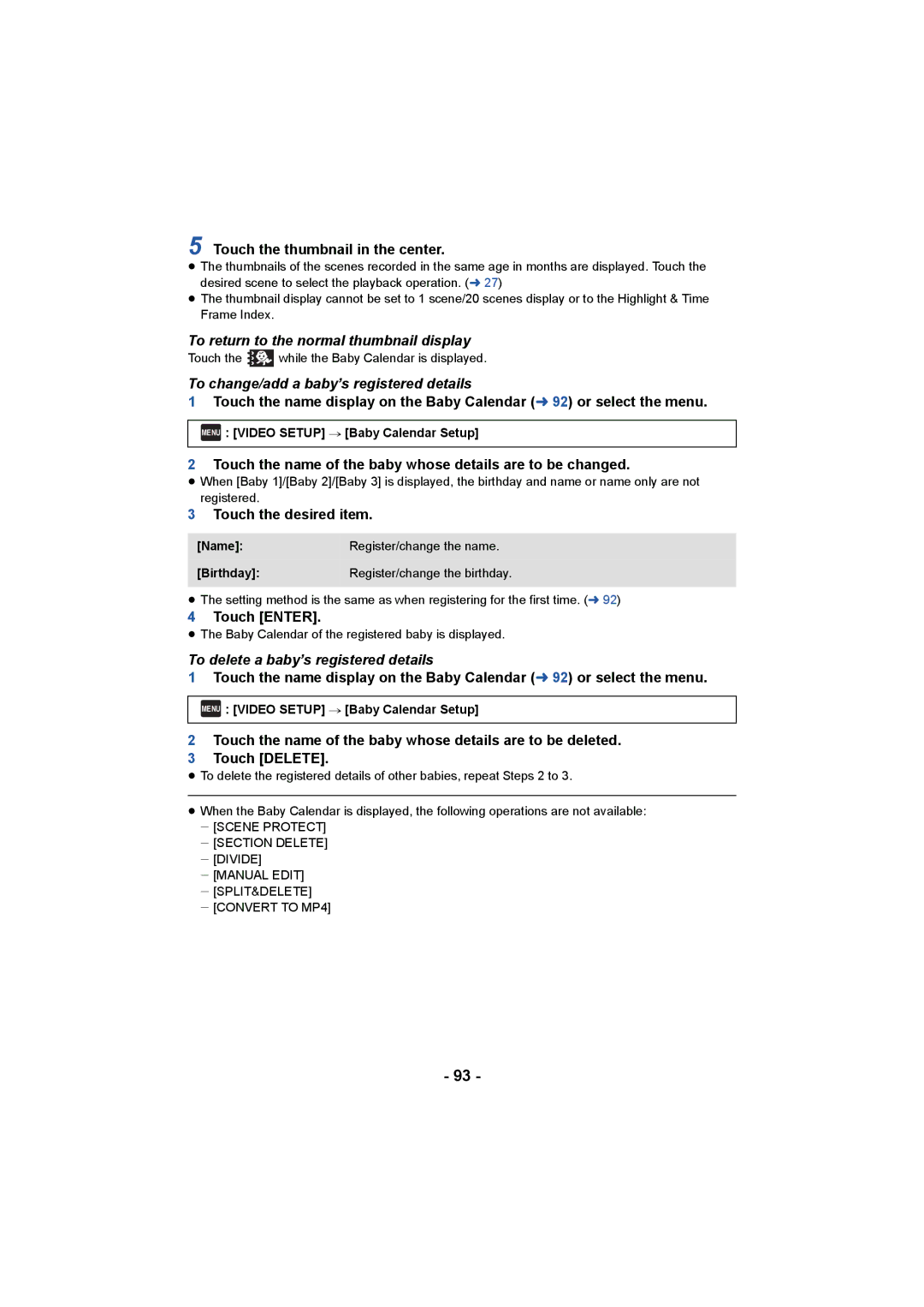 Panasonic HCV550K owner manual To return to the normal thumbnail display, To change/add a baby’s registered details 