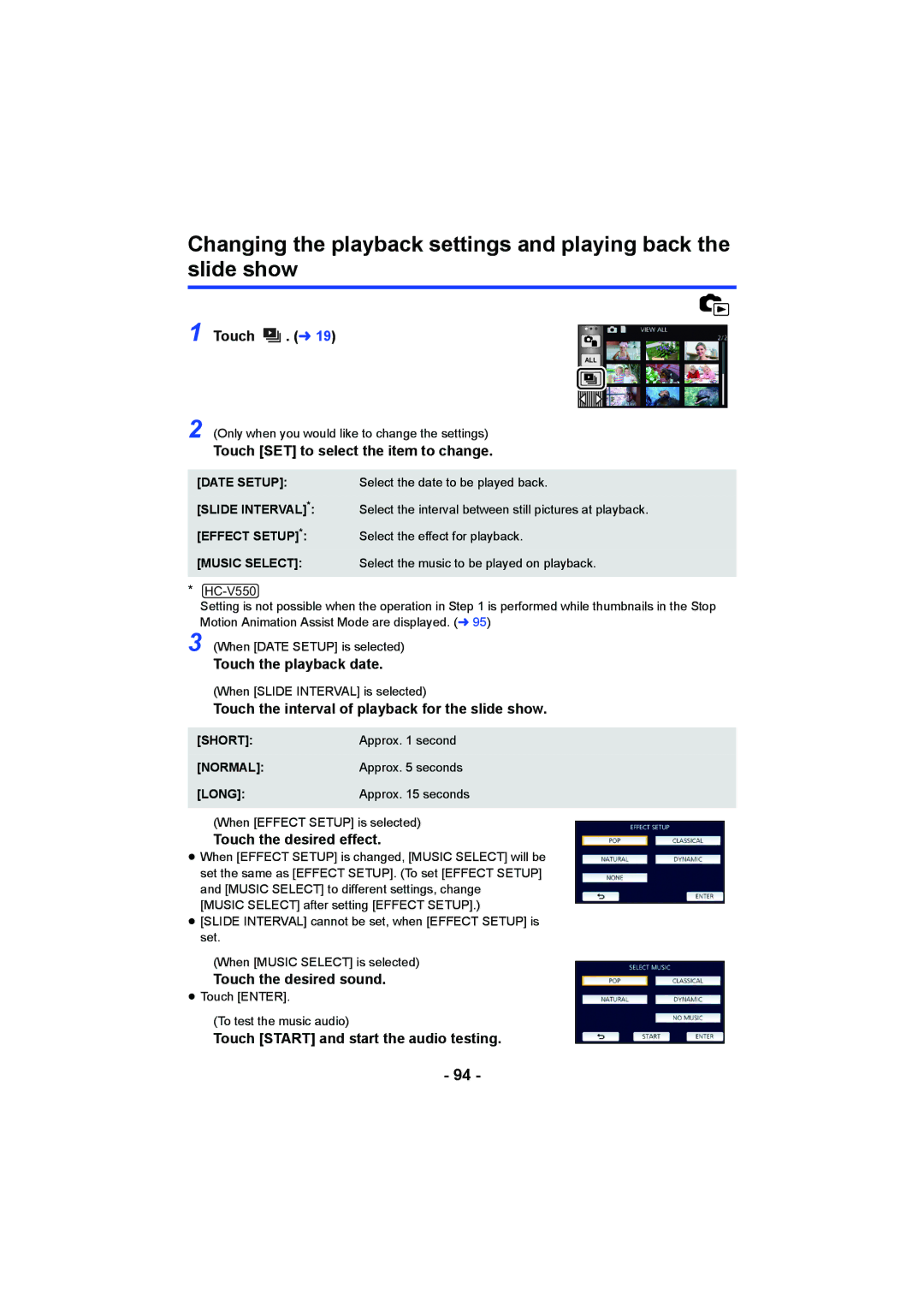 Panasonic HCV550K Touch . l, Touch the interval of playback for the slide show, Touch Start and start the audio testing 