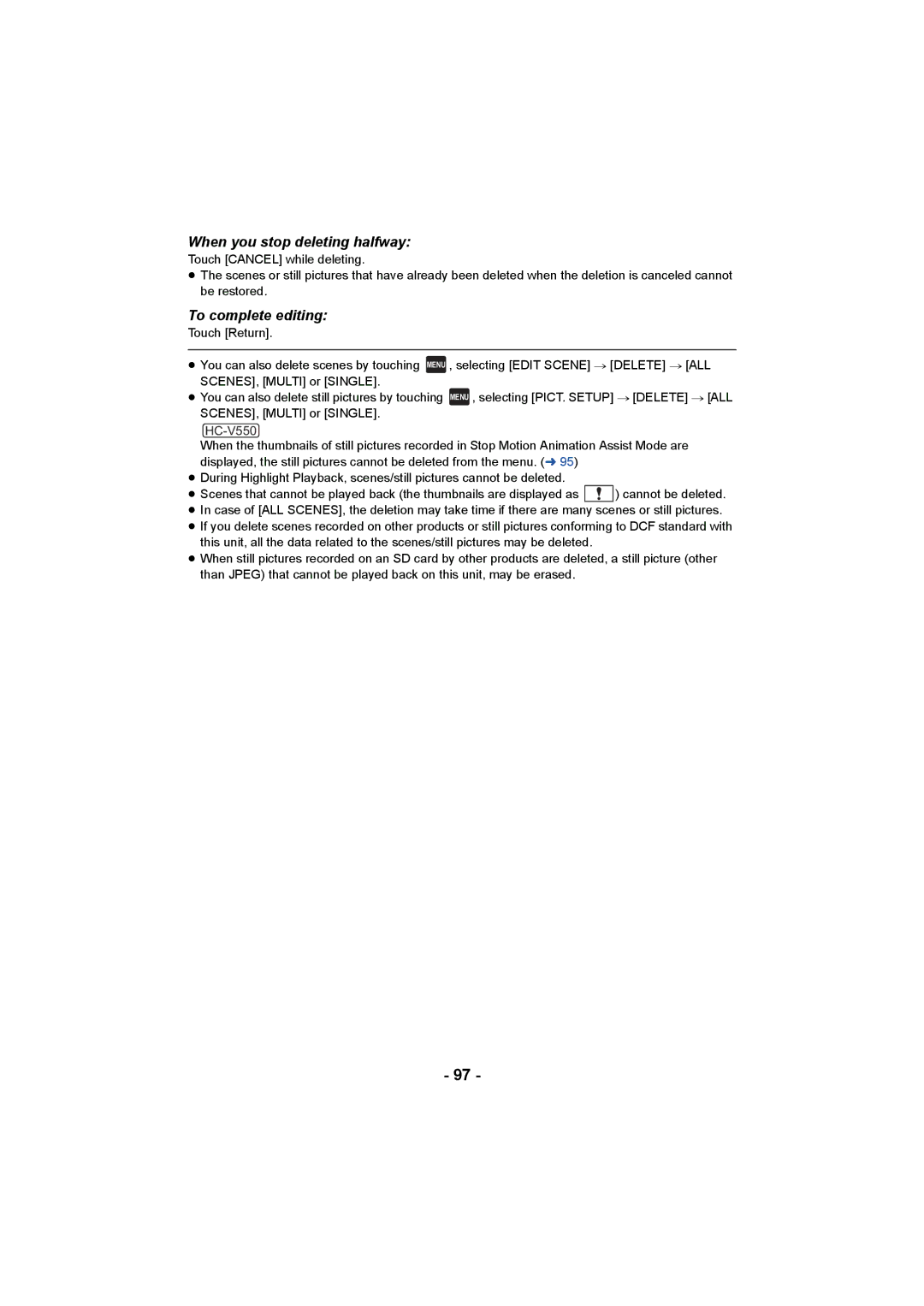 Panasonic HCV550K owner manual When you stop deleting halfway, To complete editing 