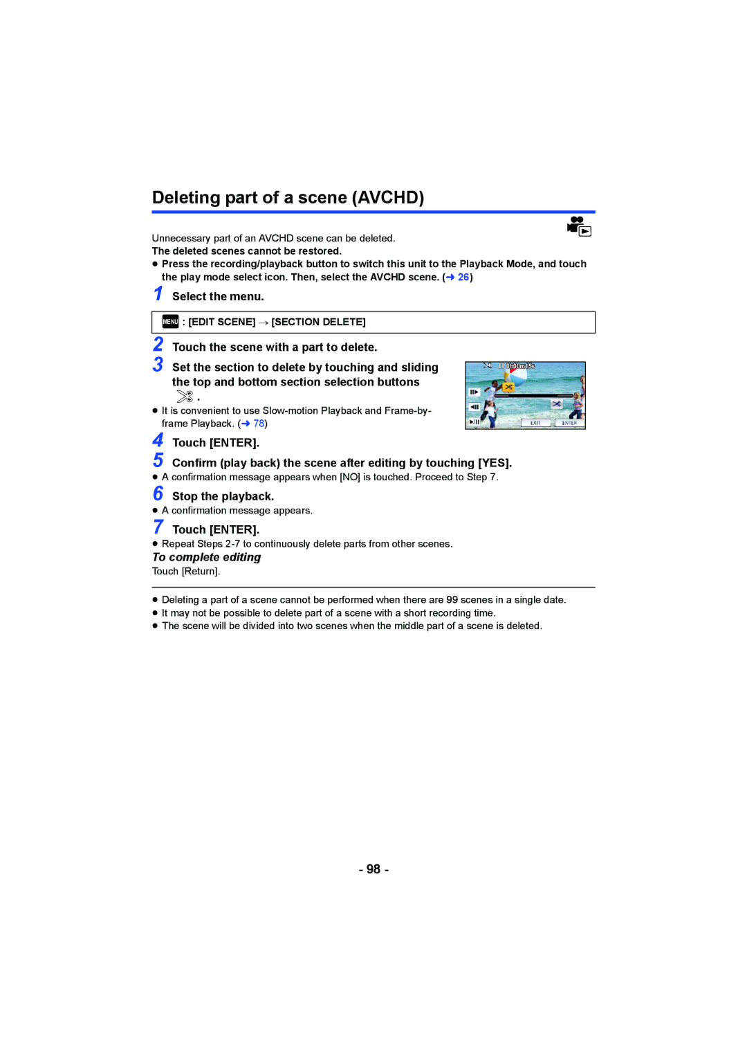 Panasonic HCV550K owner manual Deleting part of a scene Avchd, Top and bottom section selection buttons, Stop the playback 