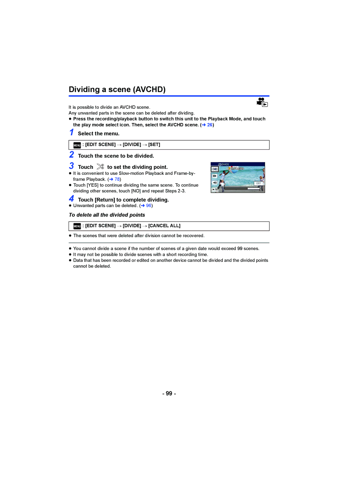 Panasonic HCV550K owner manual Dividing a scene Avchd, Touch the scene to be divided To set the dividing point 