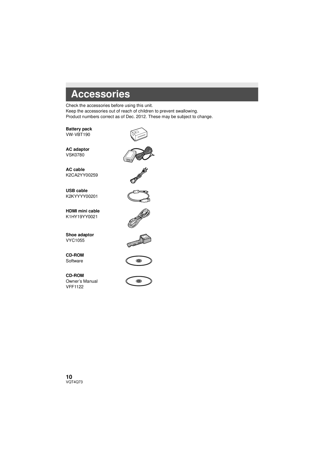 Panasonic HCV720K, HC-V720K, HC-V720P/PC, HC-V720MP/PC, HC-V710P/PC owner manual Accessories 