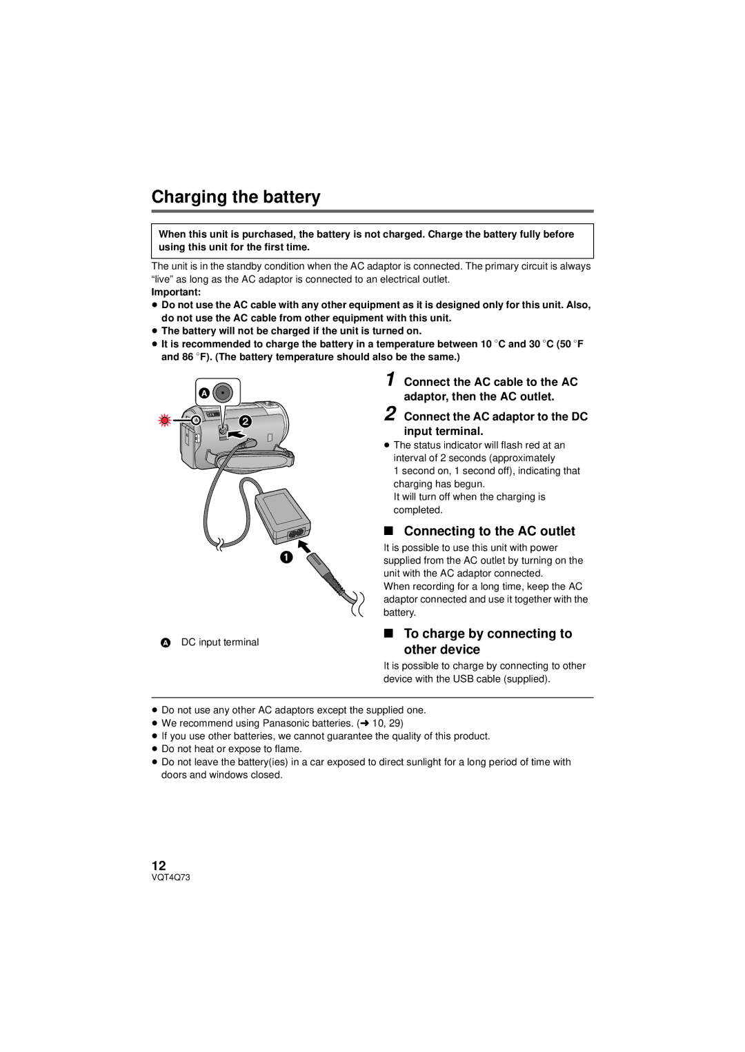 Panasonic HC-V720P/PC, HCV720K Charging the battery, Connecting to the AC outlet, To charge by connecting to other device 