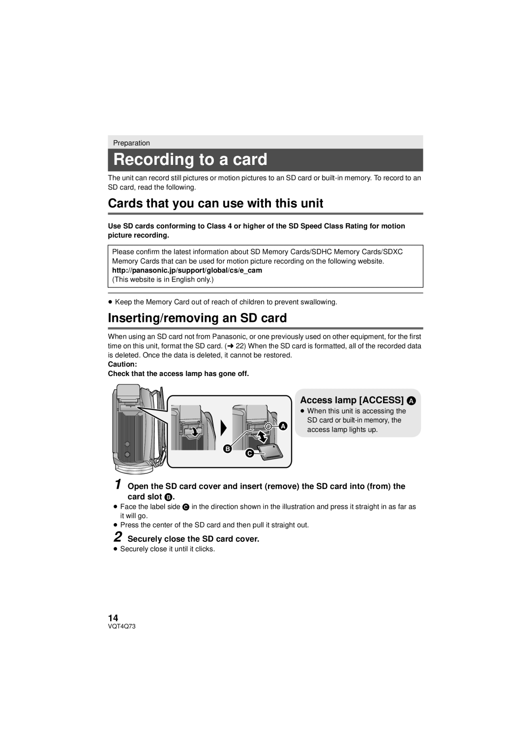 Panasonic HC-V710P/PC, HCV720K Recording to a card, Cards that you can use with this unit, Inserting/removing an SD card 