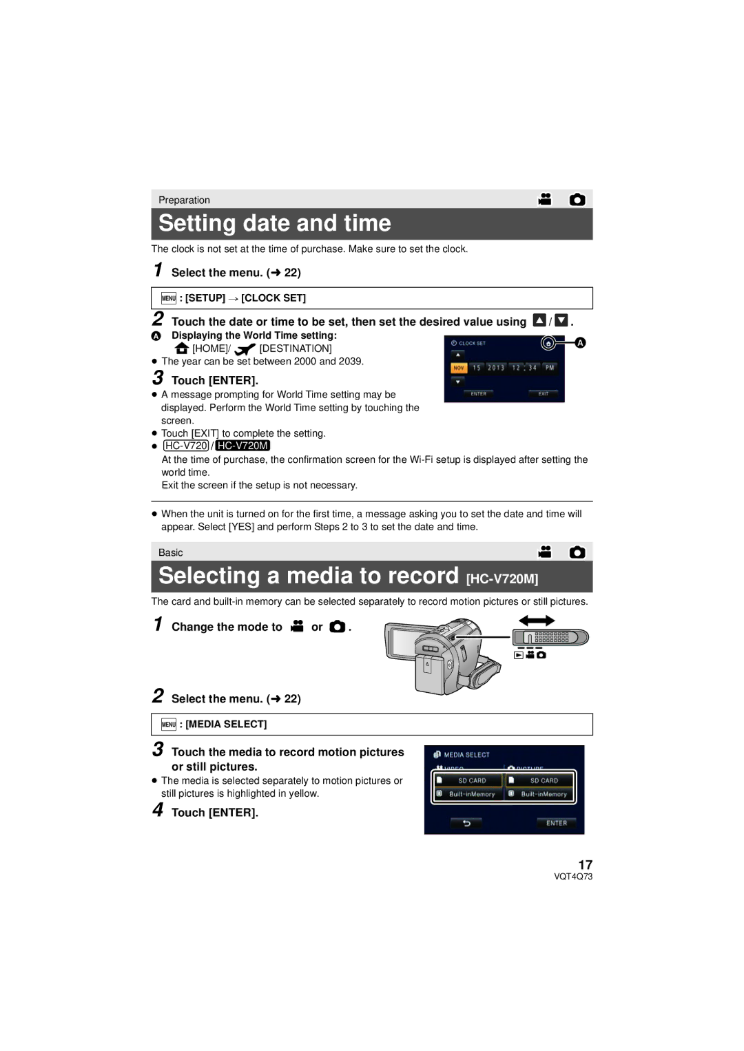 Panasonic HC-V720P/PC, HCV720K, HC-V720K, HC-V720MP/PC Setting date and time, Selecting a media to record HC-V720M 