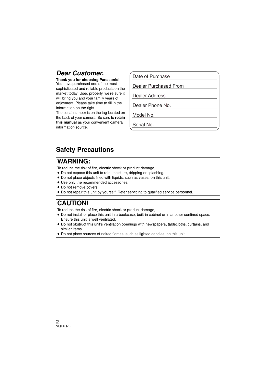 Panasonic HC-V720P/PC, HCV720K, HC-V720K, HC-V720MP/PC, HC-V710P/PC owner manual Dear Customer, Safety Precautions 