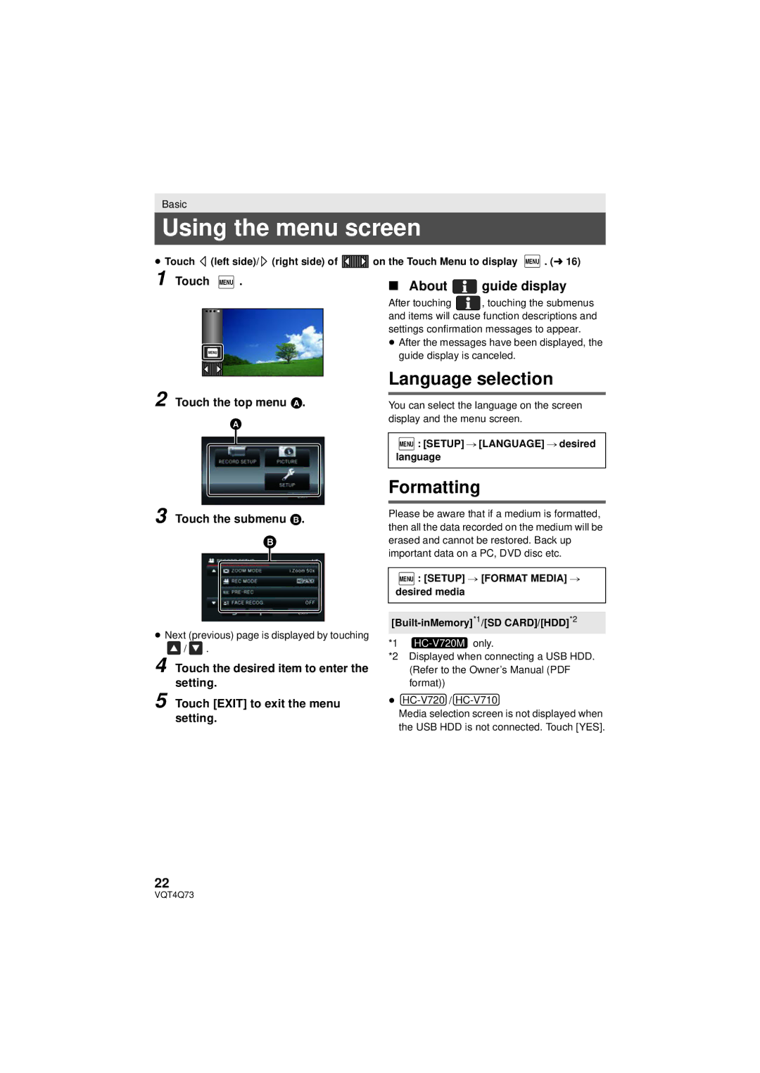 Panasonic HC-V720P/PC, HCV720K, HC-V720K Using the menu screen, Language selection, Formatting, About Guide display 