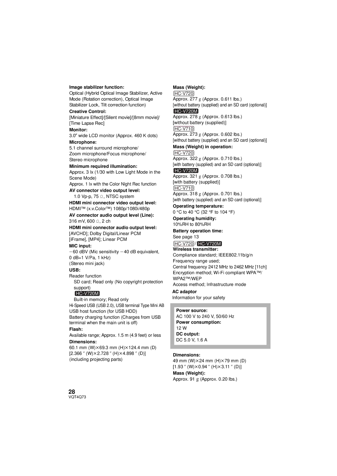 Panasonic HC-V720MP/PC Image stabilizer function, Monitor, Microphone, Minimum required illumination, Flash, Dimensions 