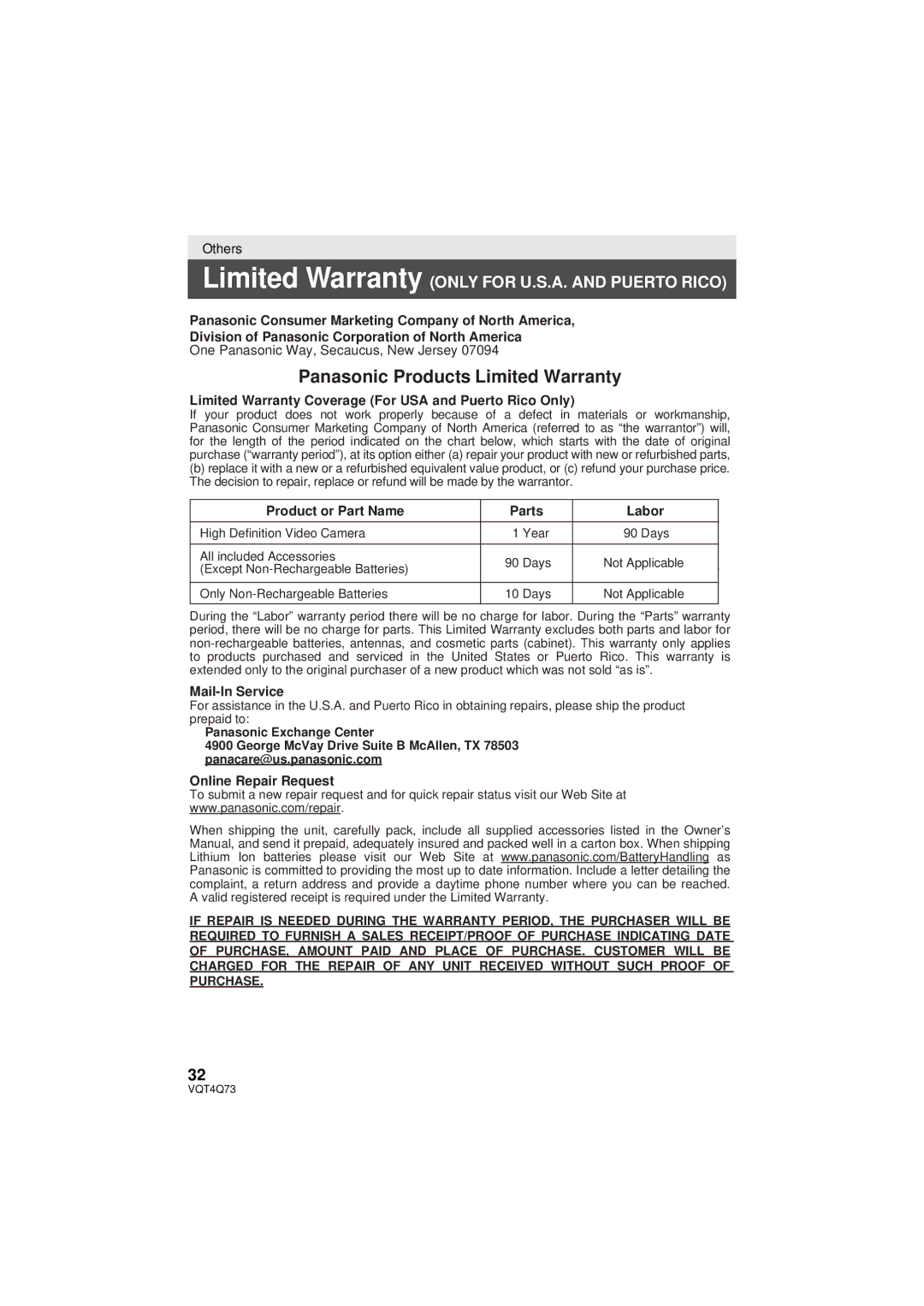 Panasonic HC-V720P/PC, HCV720K, HC-V720K, HC-V720MP/PC, HC-V710P/PC owner manual Panasonic Products Limited Warranty 