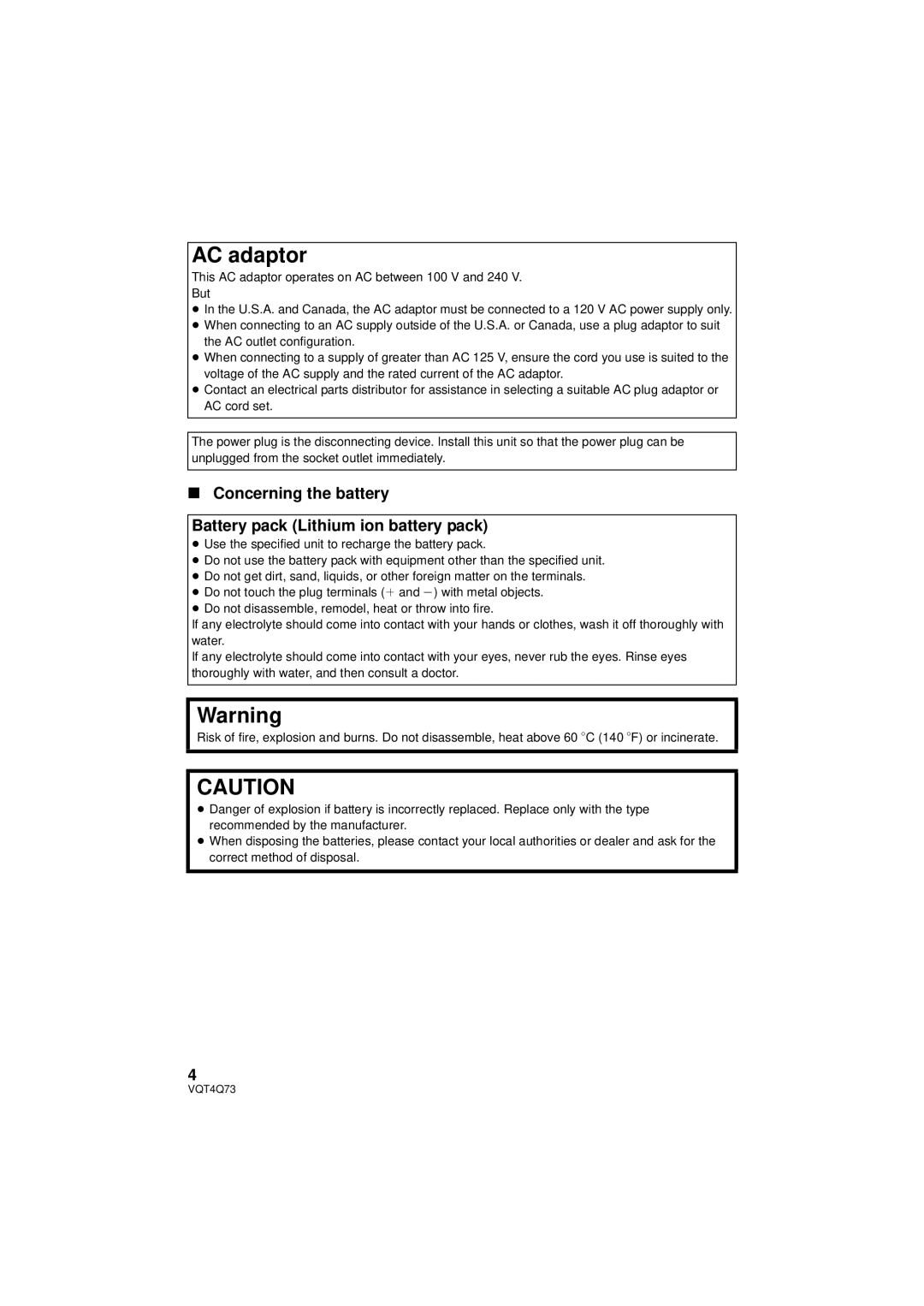 Panasonic HC-V710P/PC, HCV720K, HC-V720K AC adaptor, Concerning the battery Battery pack Lithium ion battery pack 