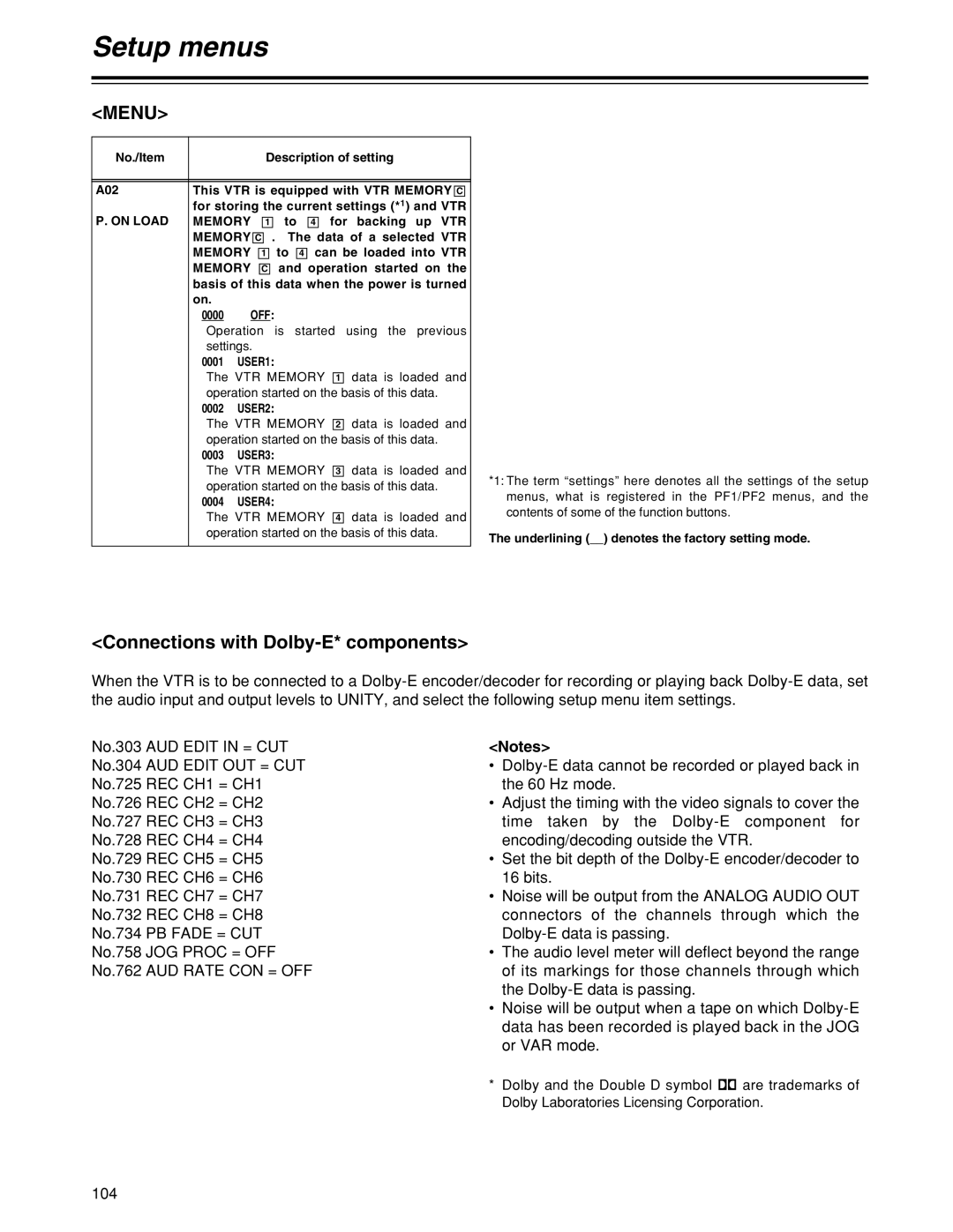 Panasonic HD1700pe manual Menu, Connections with Dolby-E* components, On Load Memory, Memory C 