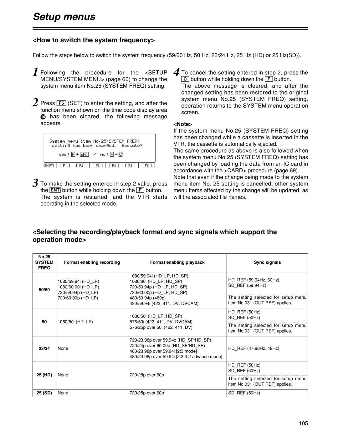 Panasonic HD1700pe manual How to switch the system frequency, No.25, 25 HD 