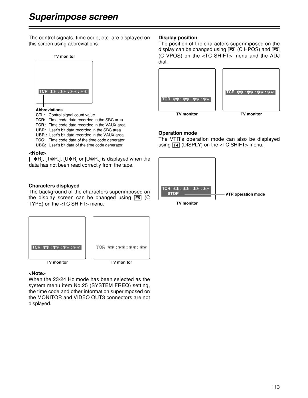 Panasonic HD1700pe manual Superimpose screen, Display position, Operation mode, Characters displayed 