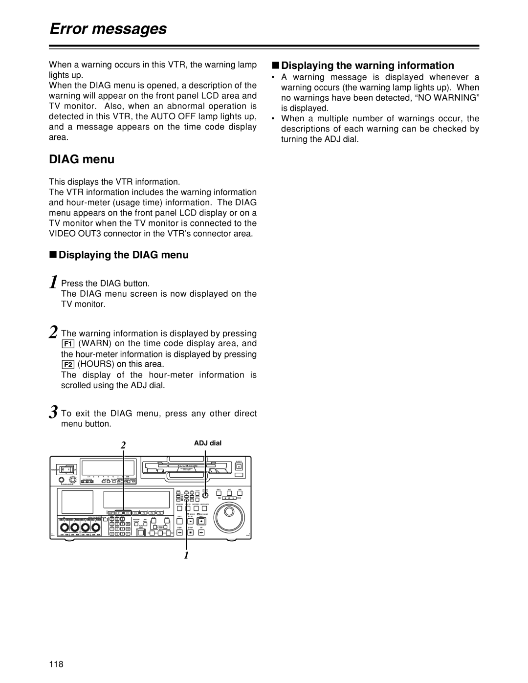 Panasonic HD1700pe manual Error messages, Displaying the Diag menu, Displaying the warning information 