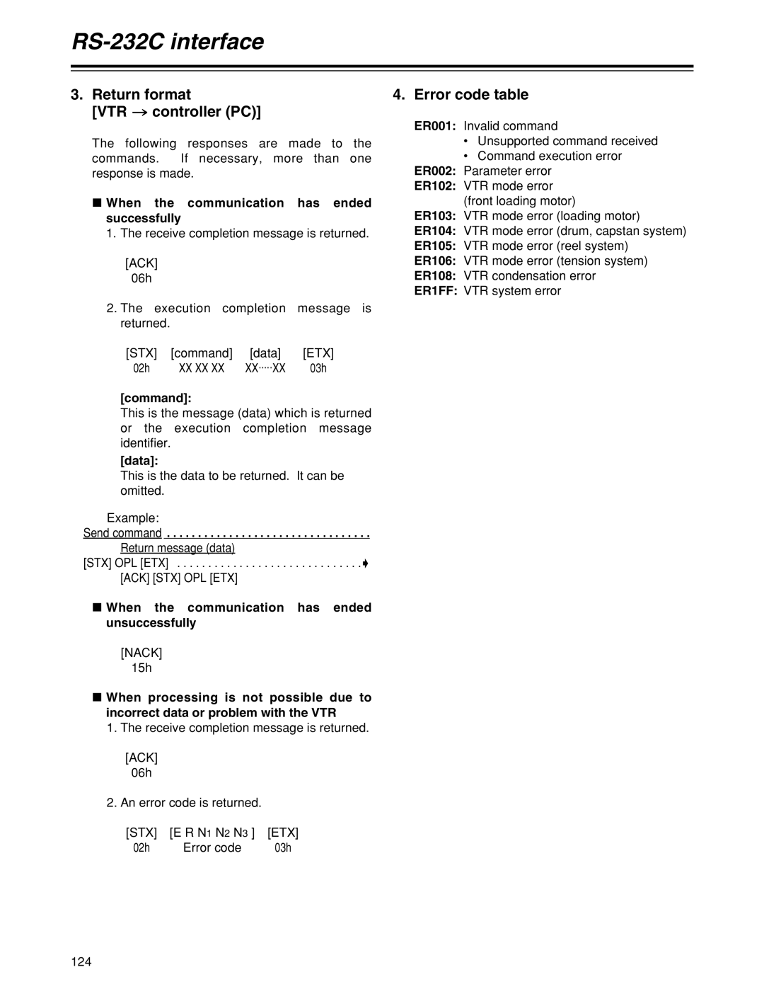 Panasonic HD1700pe manual Return format VTR controller PC, Error code table, When the communication has ended successfully 