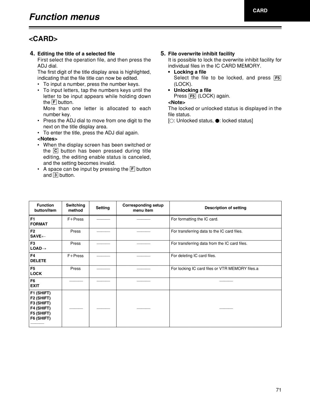 Panasonic HD1700pe manual Locking a file, Unlocking a file, Format, Delete 