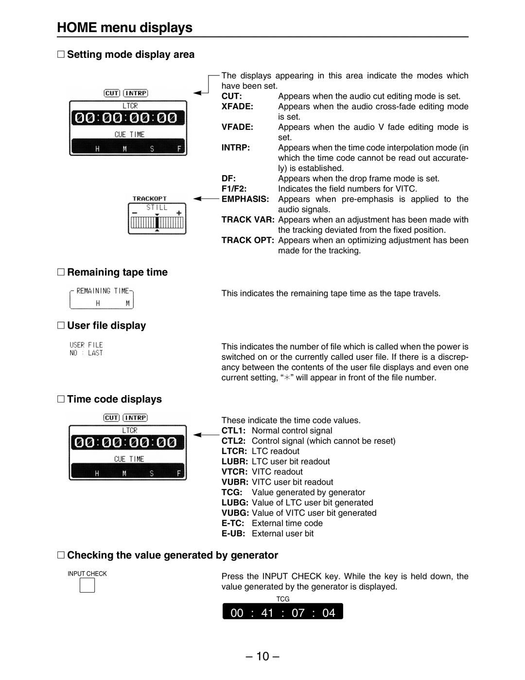 Panasonic HD3700H ∑ Setting mode display area, ∑ Remaining tape time, ∑ User file display, ∑ Time code displays 