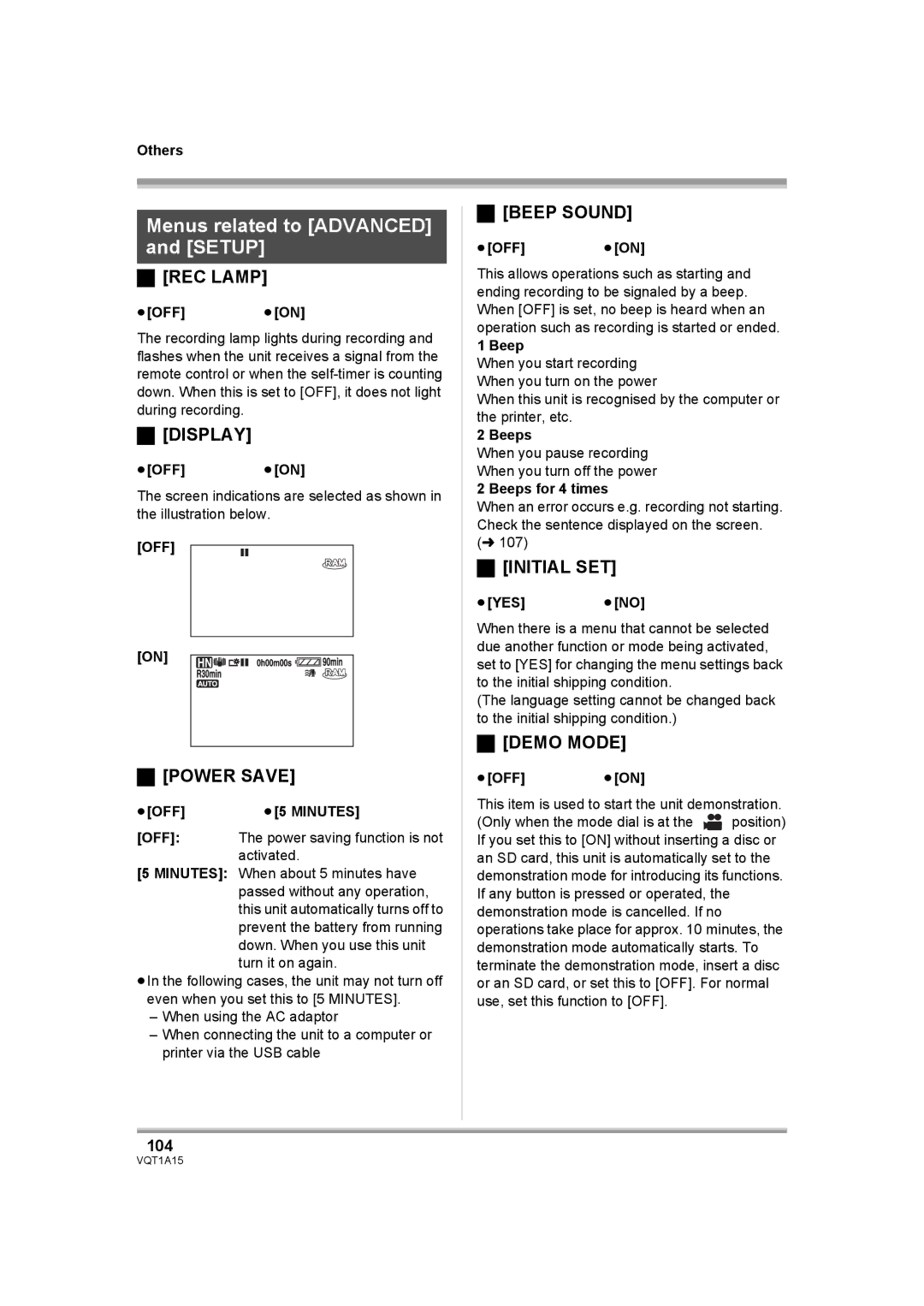 Panasonic HDC-DX1 operating instructions Menus related to Advanced and Setup 