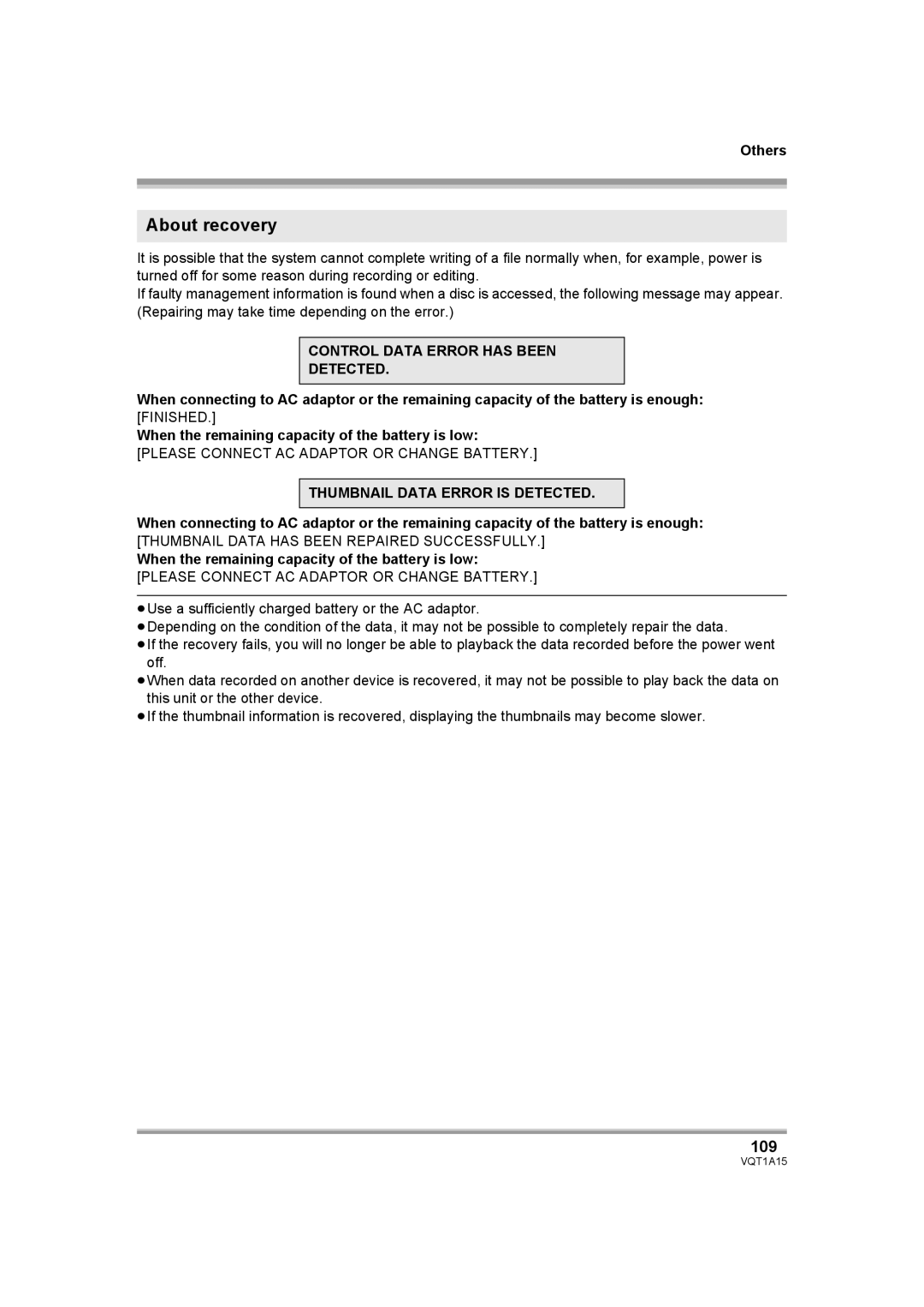 Panasonic HDC-DX1 About recovery, 109, Control Data Error has Been Detected, Thumbnail Data Error is Detected 