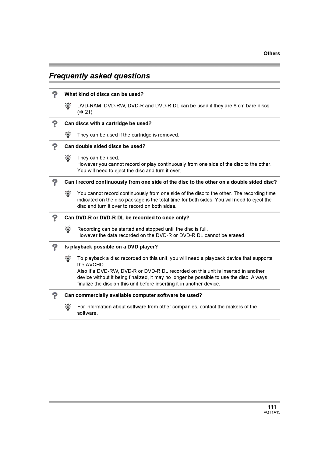 Panasonic HDC-DX1 operating instructions Frequently asked questions, 111 