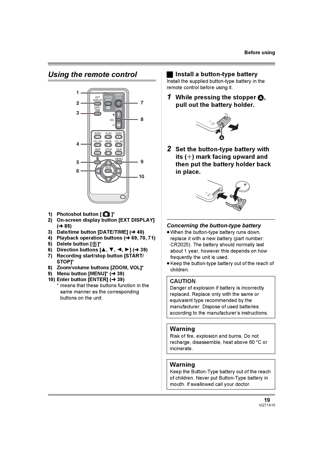 Panasonic HDC-DX1 Using the remote control, Install a button-type battery, Concerning the button-type battery 