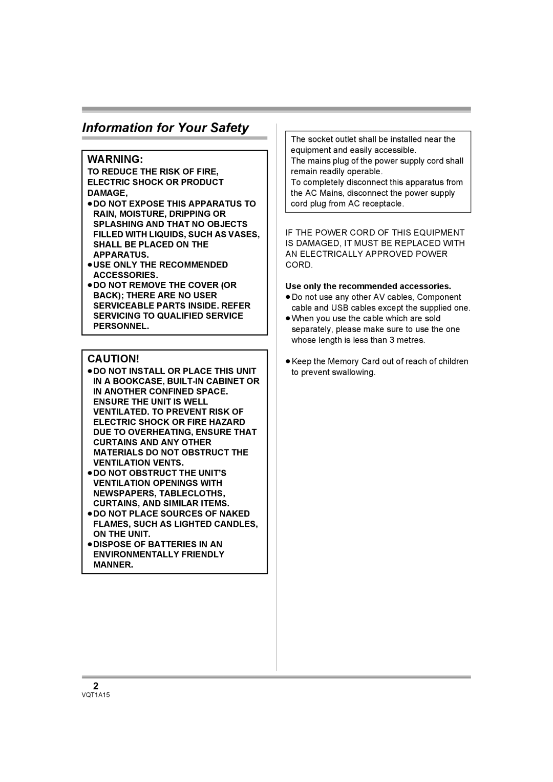 Panasonic HDC-DX1 operating instructions Information for Your Safety 