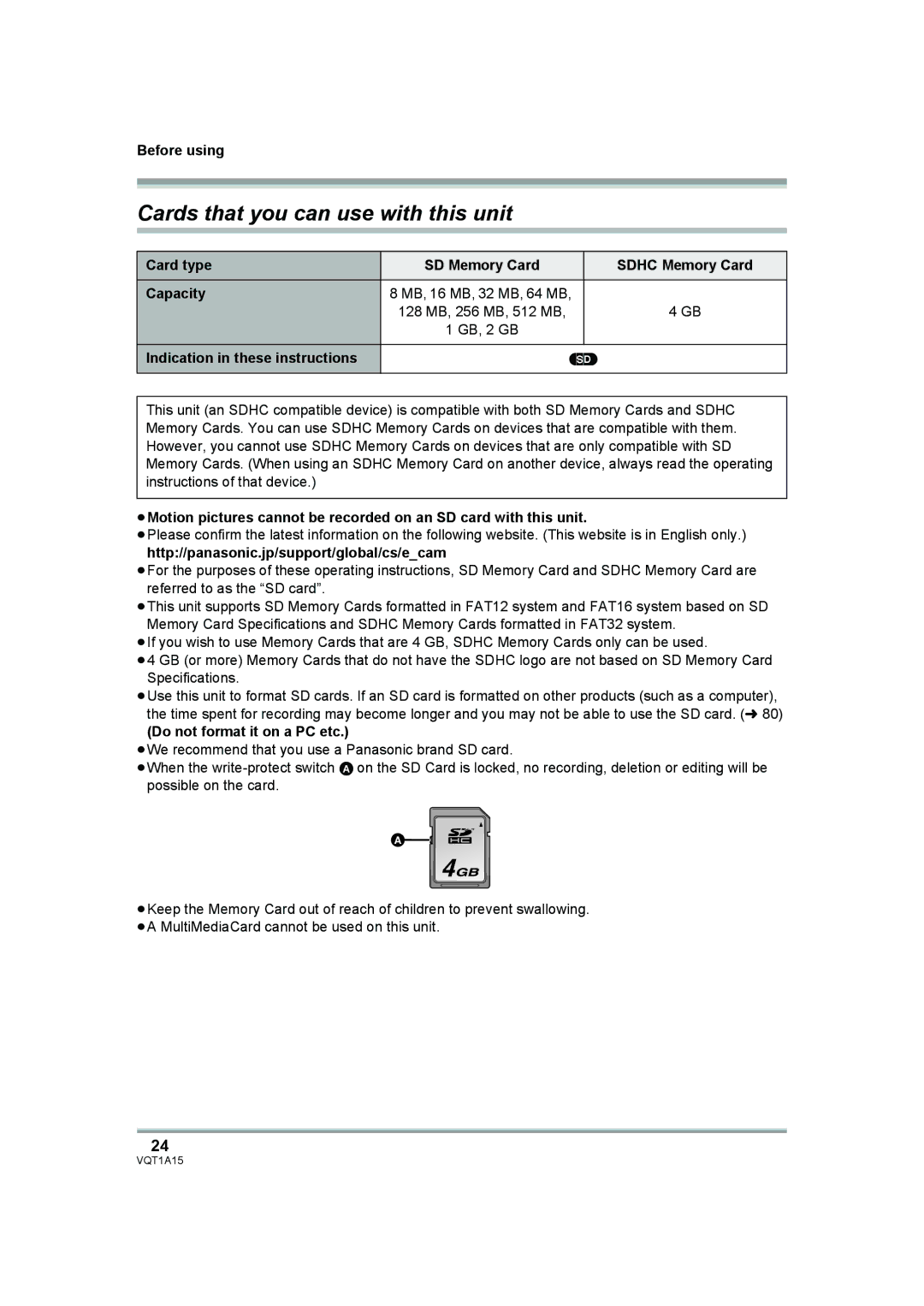 Panasonic HDC-DX1 operating instructions Cards that you can use with this unit, Do not format it on a PC etc 