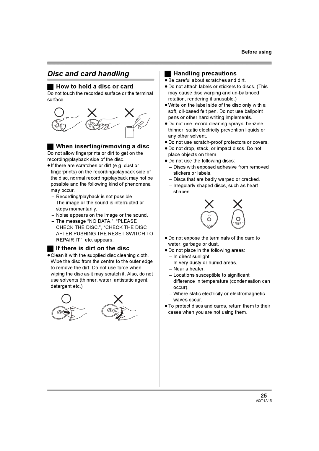 Panasonic HDC-DX1 Disc and card handling, How to hold a disc or card, When inserting/removing a disc, Handling precautions 