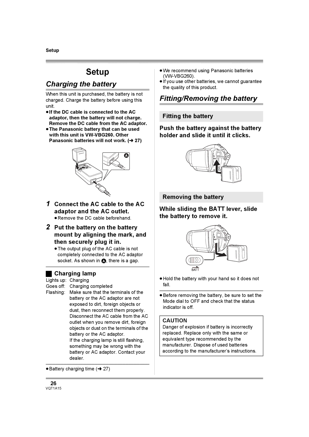 Panasonic HDC-DX1 operating instructions Charging the battery, Fitting/Removing the battery, Charging lamp, Setup 