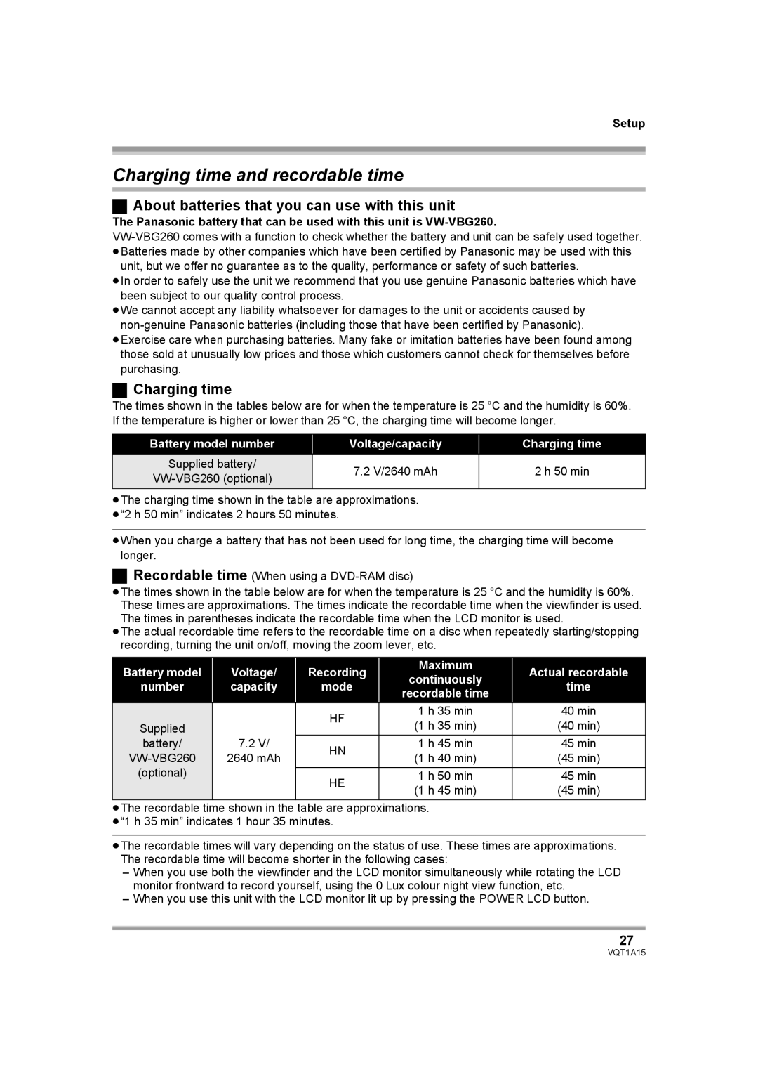 Panasonic HDC-DX1 operating instructions Charging time and recordable time, About batteries that you can use with this unit 