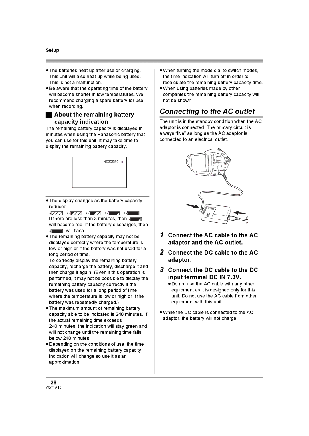 Panasonic HDC-DX1 operating instructions Connecting to the AC outlet, About the remaining battery Capacity indication 