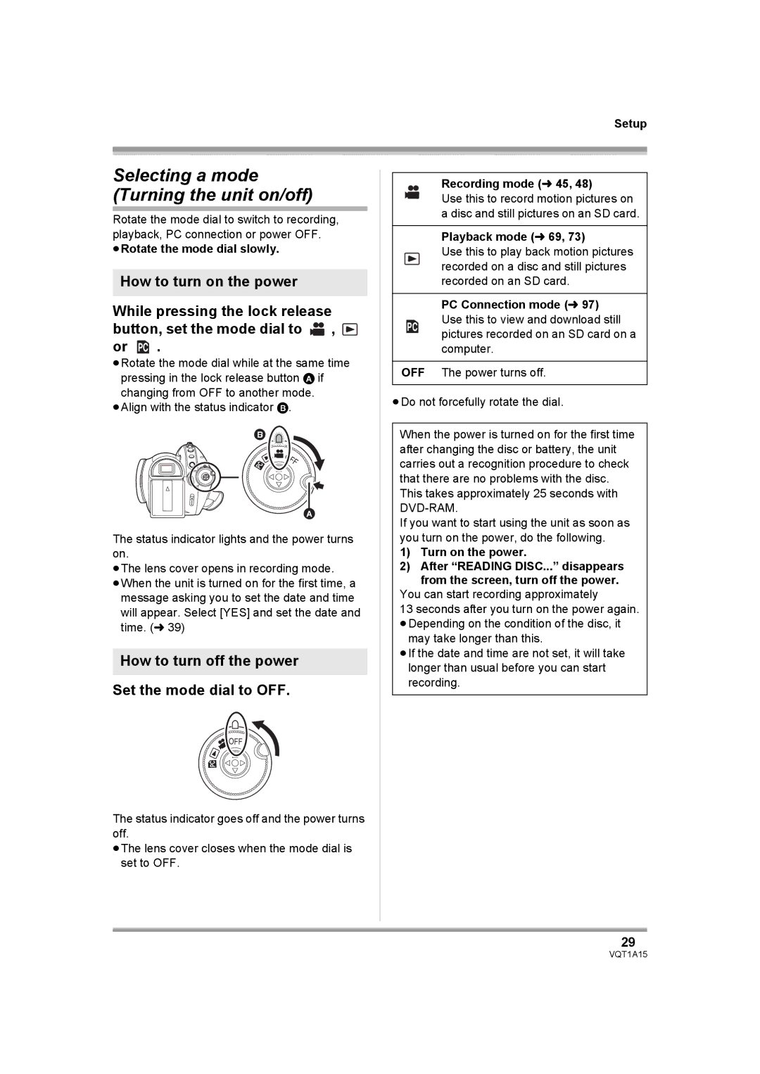 Panasonic HDC-DX1 Selecting a mode Turning the unit on/off, How to turn off the power Set the mode dial to OFF 