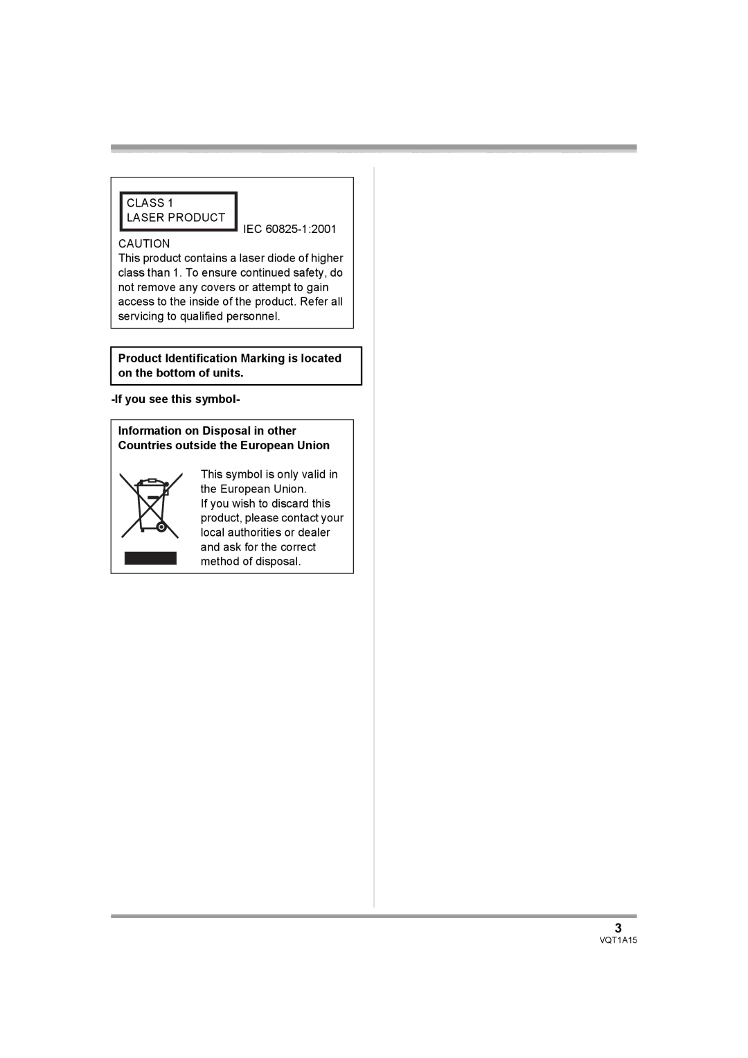 Panasonic HDC-DX1 operating instructions Class Laser Product 