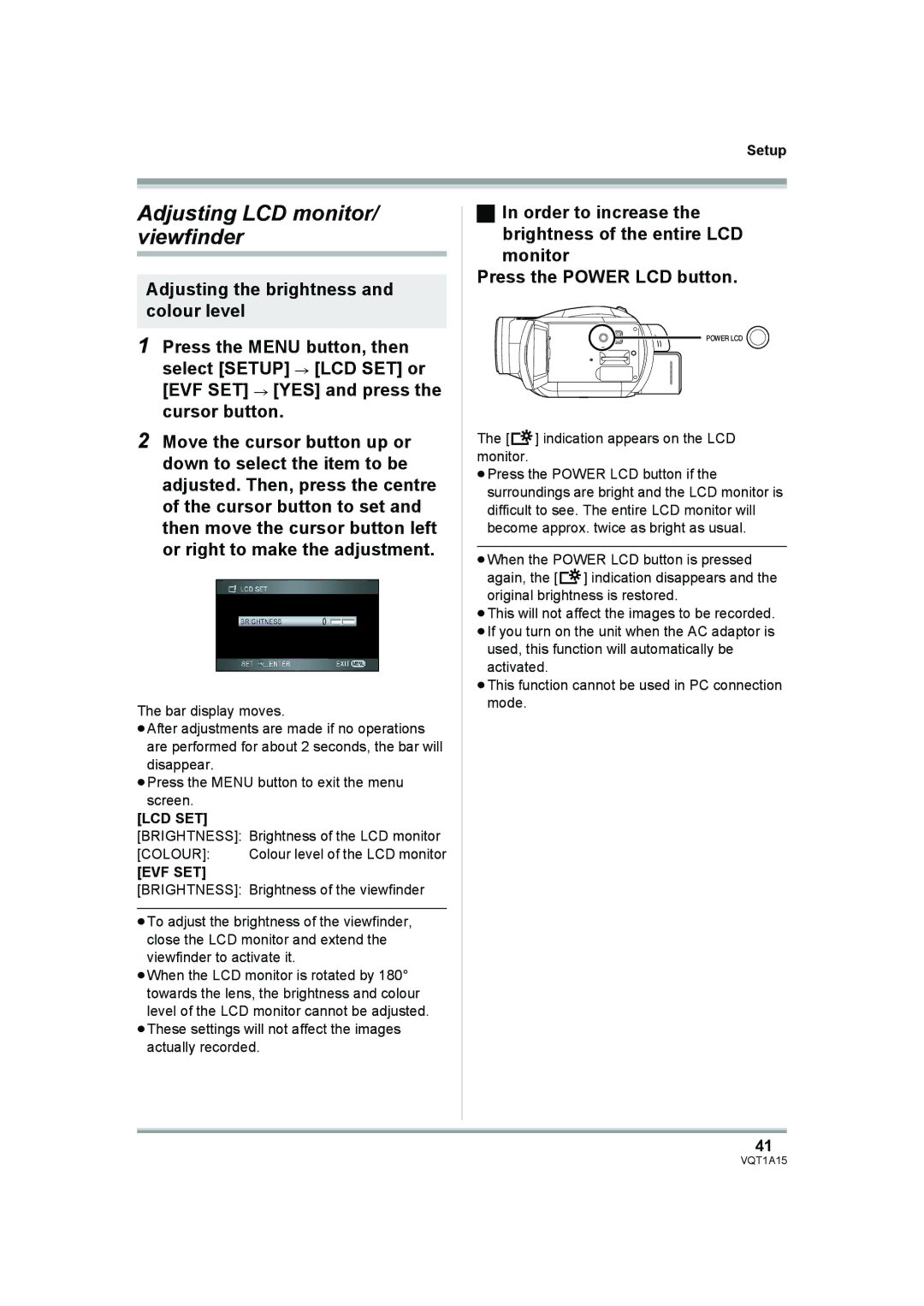 Panasonic HDC-DX1 operating instructions Adjusting LCD monitor/ viewfinder, Lcd Set, Evf Set 