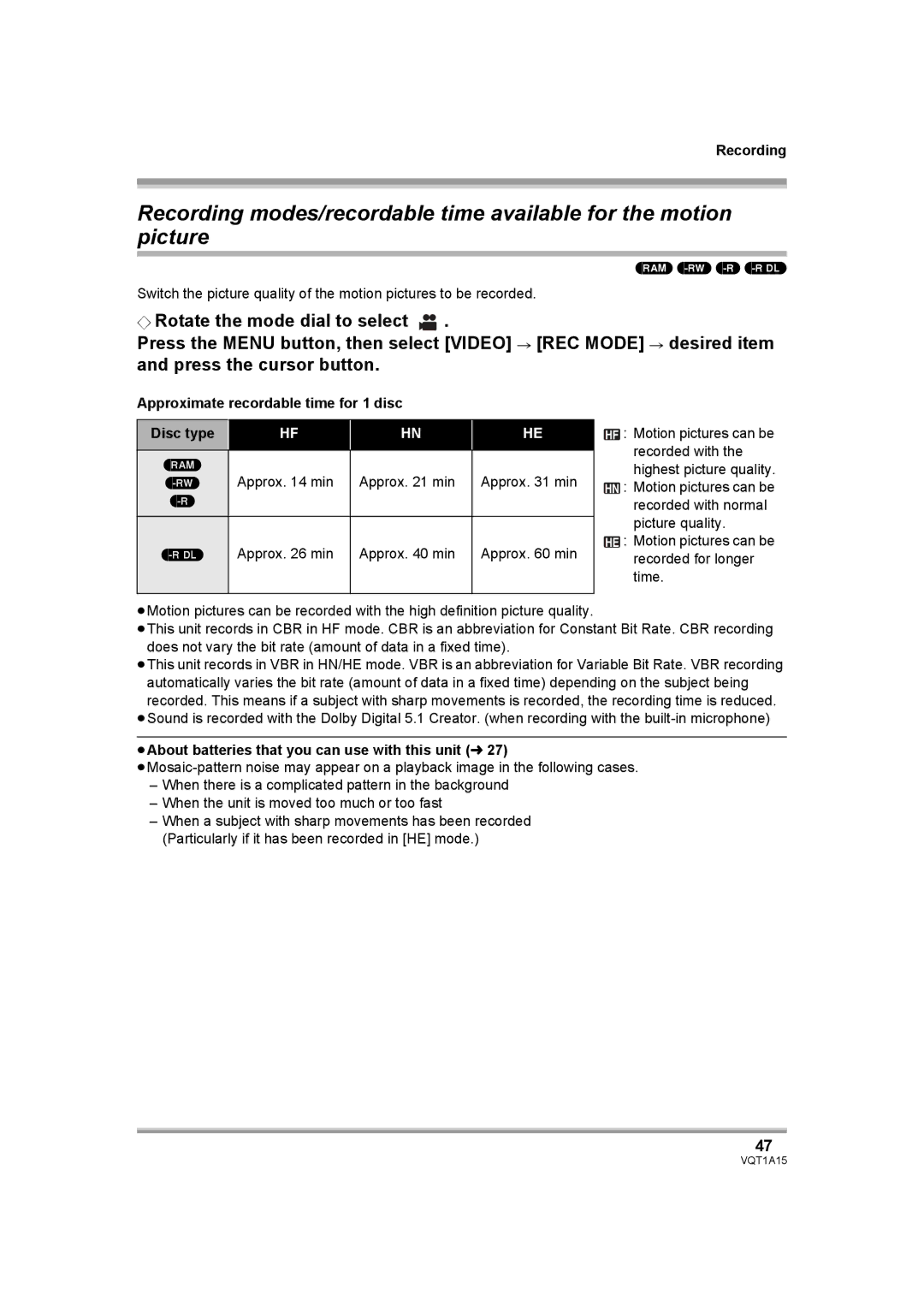 Panasonic HDC-DX1 Approximate recordable time for 1 disc, ≥About batteries that you can use with this unit l 